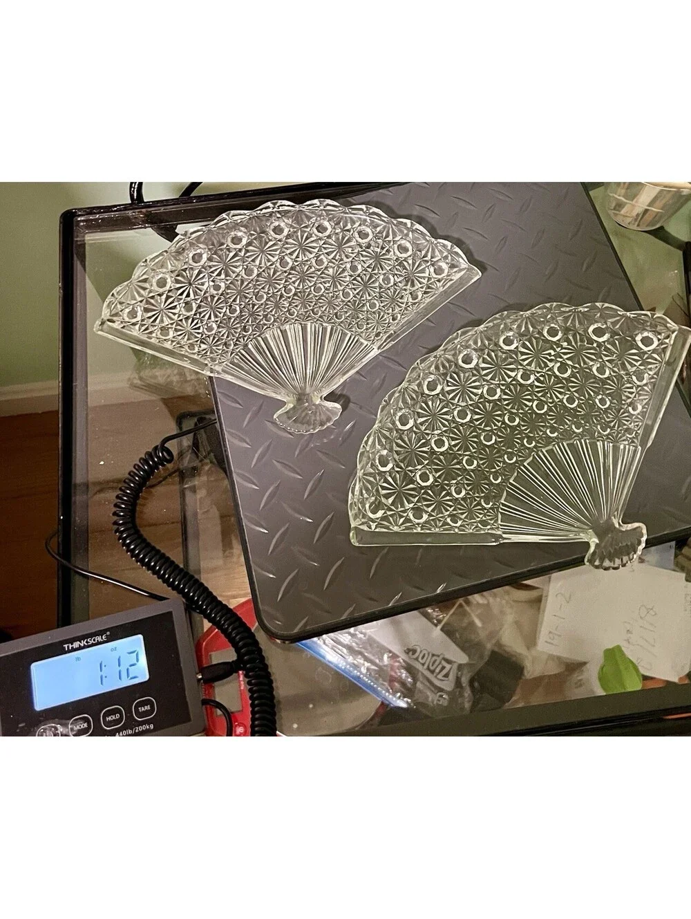 Fenton 1950s 2 Fan Trinket Vanity  Dishes EAPG Daisy & Button Clear, 10.5x7